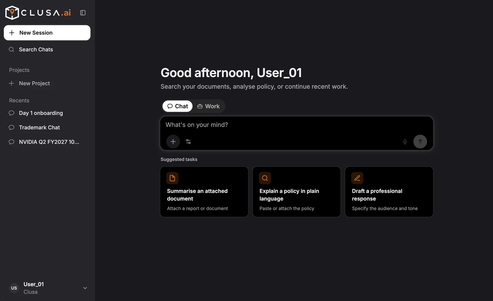 The CLUSA start screen, with a question box and three suggested tasks.